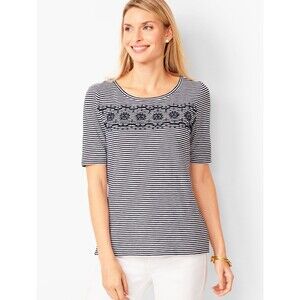 Talbots Womens Top Size S Blue White Striped Embroidered Round Neck Short Sleeve